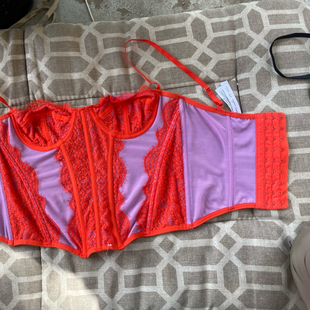 Vibrant Orange Lace Purple Mesh Corset Bustier Top